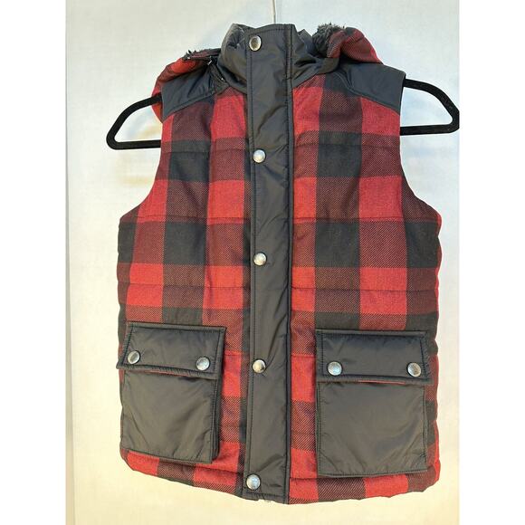 LANDS' END UNISEX READ PLAID VEST W/HOODY SHERPA LINED Size Small PERFECT!